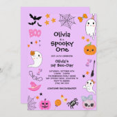パープルワン不気味かわいいハロウィーン1歳の誕生日 招待状 (正面/裏面)