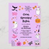 パープルワン不気味バベガールハロウィーン1st誕生日 招待状 (正面/裏面)