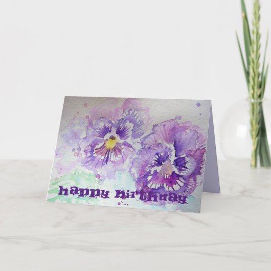 パープルヴィオラスパンジーウォーターカラーアート誕生日カード カード (正面)