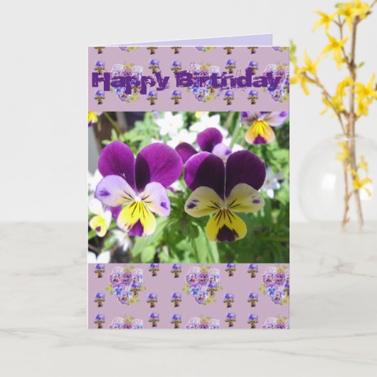 パープルヴィオラパンシーかわいらしガーデンフォトアートカード カード (黄色い花)