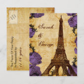 パープルヴィンテージエッフェルタワーのパリス結婚式の出欠 インビテーションポストカード (正面/裏面)