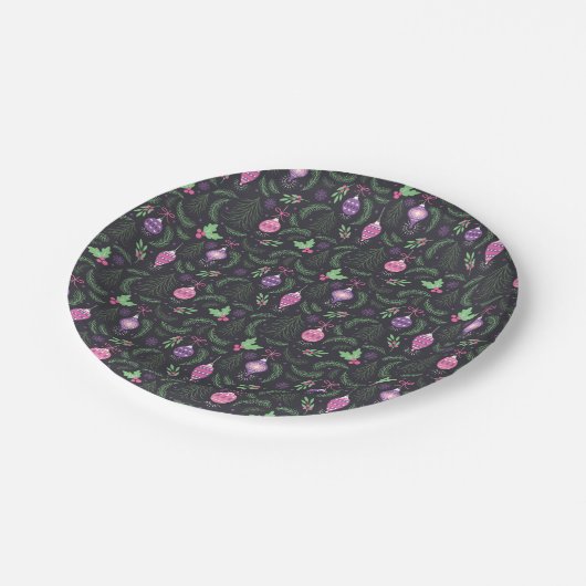 パープルヴィンテージクリスマスオーナメントパターン ペーパープレート (アングル)