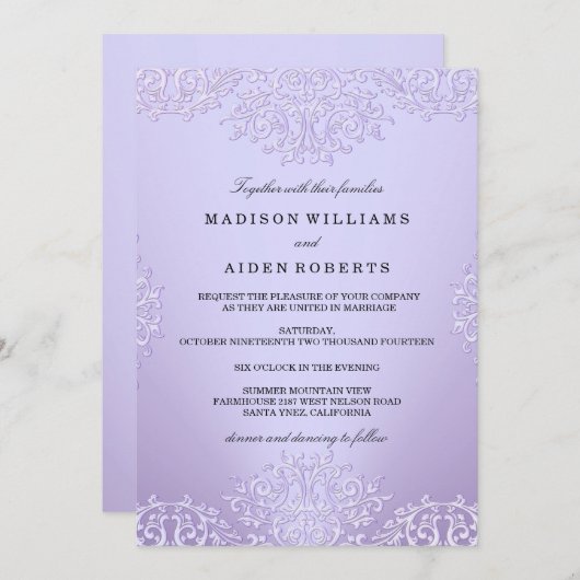 パープルヴィンテージダマスクウェディング招待状 招待状 (正面/裏面)