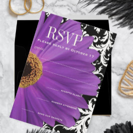 パープルヴィンテージダマスクガーベラデイジーウェディングRSVP 招待状