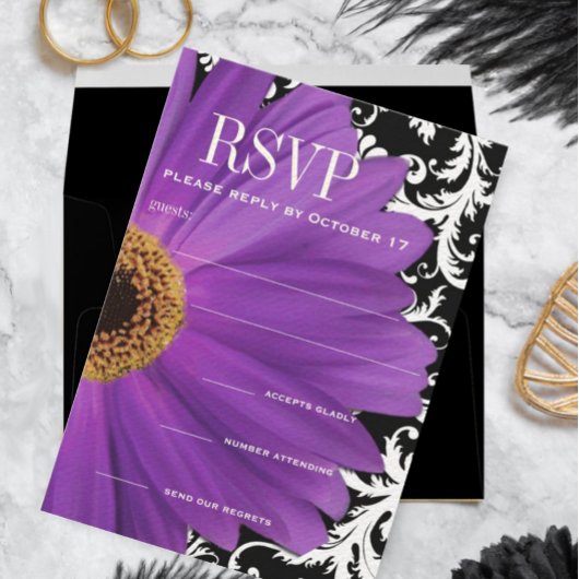 パープルヴィンテージダマスクガーベラデイジーウェディングRSVP 招待状