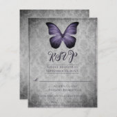 パープルヴィンテージバタフライダマスクウェディングRSVP 出欠カード (正面/裏面)