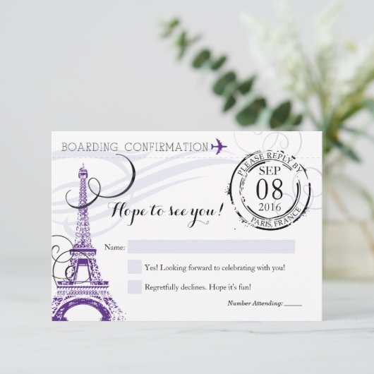 パープルヴィンテージパリフランスバースデーパーティーRSVP 出欠カード (スタンド正面)