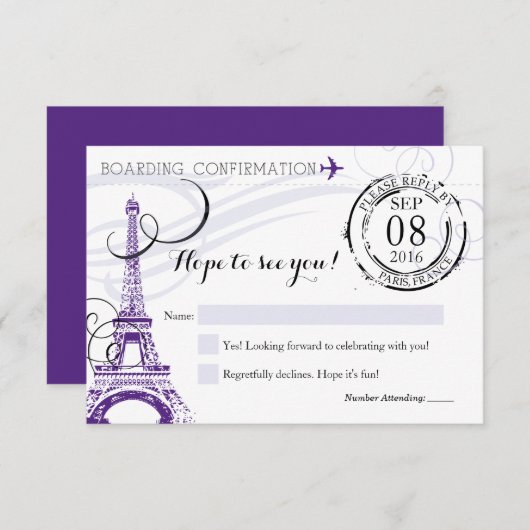 パープルヴィンテージパリフランスバースデーパーティーRSVP 出欠カード (正面/裏面)