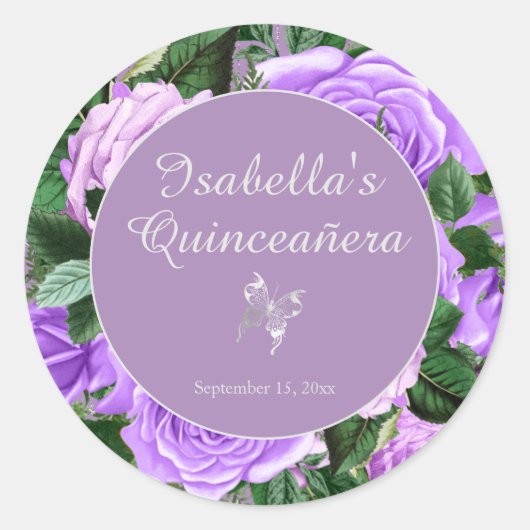 パープルヴィンテージフローラバタフライクインセアニラ ラウンドシール (正面)