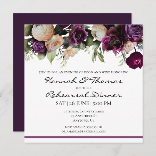 パープルヴィンテージフローラリハーサルディナー招待状 招待状 (正面/裏面)
