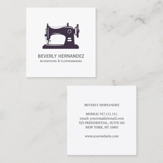 パープルヴィンテージ裁縫機械のシーストレス スクエア名刺 (正面/裏面)