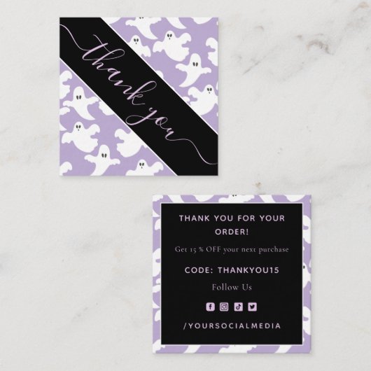パープル不気味キュート幽霊パター感謝していンUハロウィン スクエア名刺 (正面/裏面)