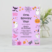 パープル不気味1年かわいいハロウィーン1歳の誕生日 招待状 (スタンド正面)