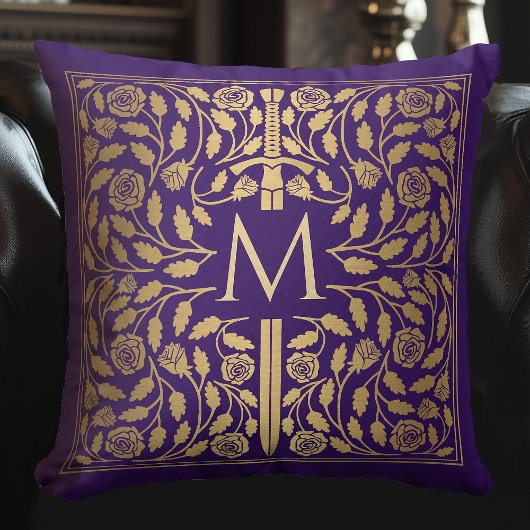 パープル中世金ゴールドソードモノグラム装飾用クッション クッション