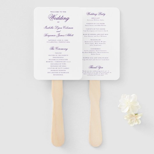 パープル伝統的エレガフォーマルントウェディングプログラム ハンドファン (正面&裏面)