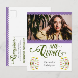 パープル伝統的メキシコフローラ写真キンセアニェラ インビテーションポストカード