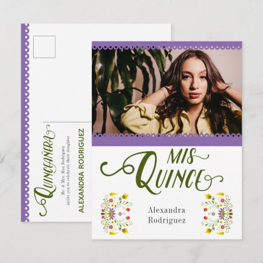 パープル伝統的メキシコフローラ写真キンセアニェラ インビテーションポストカード (正面/裏面)