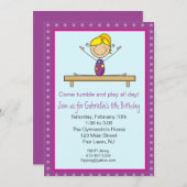 パープル体操スティックフィギュア誕生日招待状 招待状 (正面/裏面)