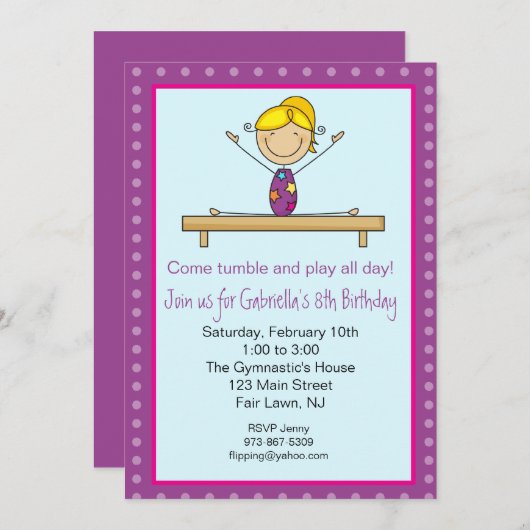パープル体操スティックフィギュア誕生日招待状 招待状 (正面/裏面)