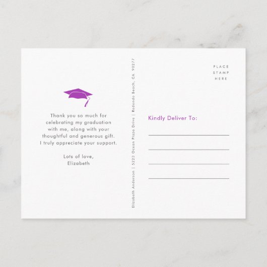 パープル卒業写真はっきりしたタイポグラフィ感謝していユー ポストカード (裏面)