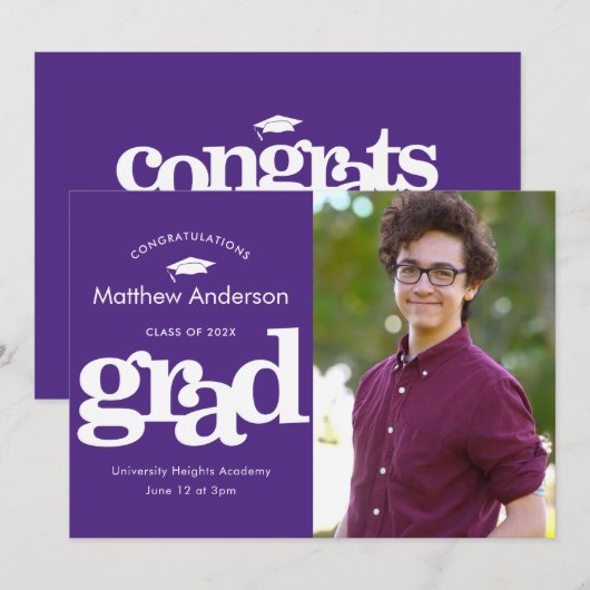 パープル卒業写真モダンタイポグラフィ 案内状 (正面/裏面)