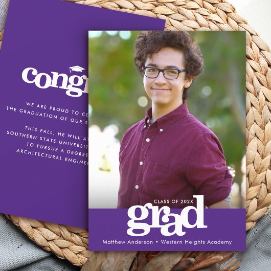 パープル卒業写真モダンタイポグラフィ 案内状