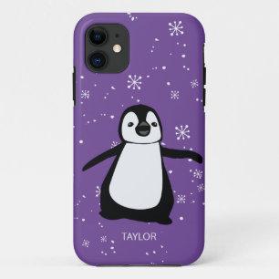 パープル名前をカスタムするかわいいペンギンスノー iPhone 11 ケース