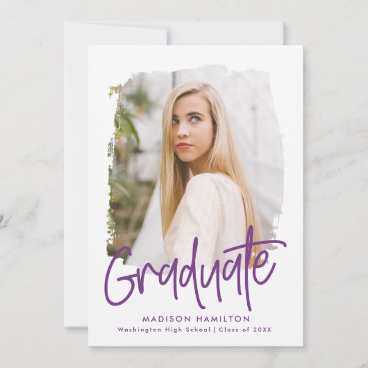 パープル名門私立校風のスクリプトフォト卒業パーティー 招待状 (正面)