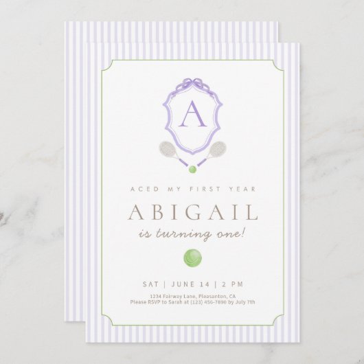 パープル名門私立校風のテニスクレスト1st誕生日招待状 サンキューカード (正面/裏面)