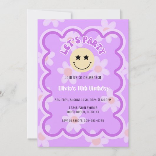 パープル名門私立校風のデイジーY2Kハッピー顔パーティー誕生日 招待状 (正面)