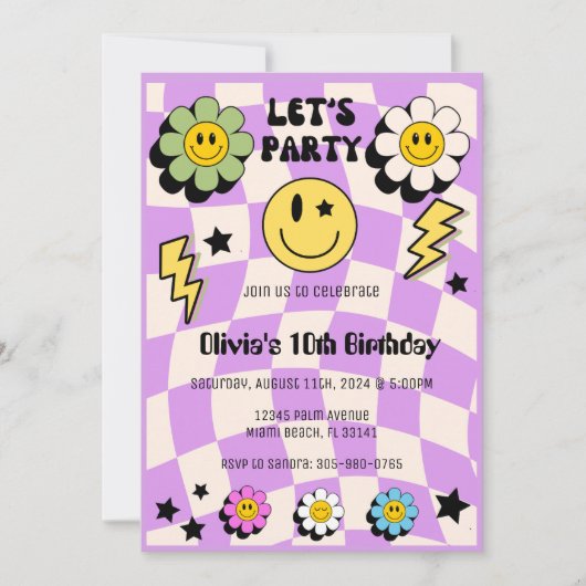 パープル名門私立校風のY2Kレトロハッピー顔パーティー誕生日 招待状 (正面)