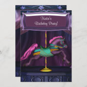 パープル回転木馬ポニーガールズバースデーパーティインビタティ 招待状 (正面/裏面)