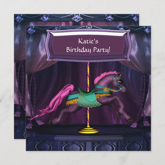 パープル回転木馬馬の誕生日パーティーの招待 招待状 (正面/裏面)