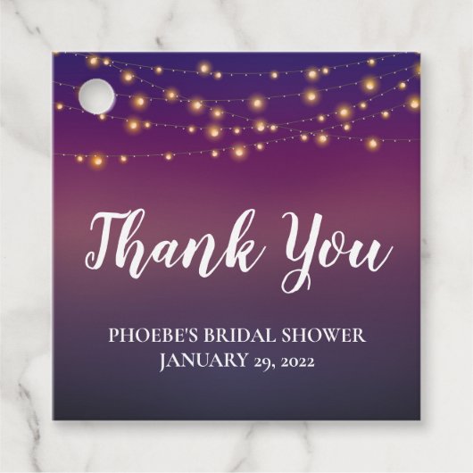 パープル夕べスカイストリングライトブライダルシャワー フェイバータグ (正面)