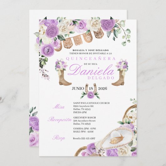 パープル女性のカーボーイブーツ&ロープマリアチキンセアニラ 招待状 (正面/裏面)