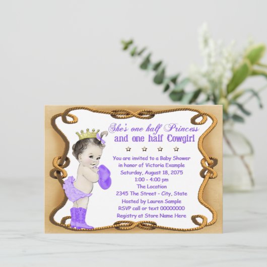 パープル女性のカーボーイプリンセスベビーシャワー 招待状 (スタンド正面)