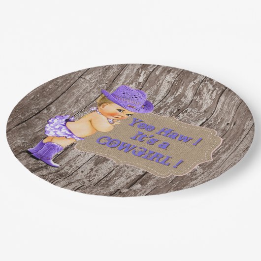 パープル女性のカーボーイベビーシャワー ペーパープレート (アングル)