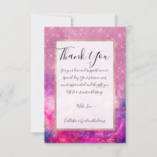 パープル威厳のあるピンクグリッター星雲 サンキューカード (正面)