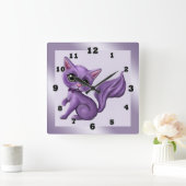 パープル子猫スクエアウォールクロック スクエア壁時計 (ホーム)