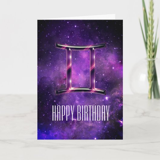 パープル宇宙ジェミニ誕生日カード カード (正面)