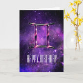 パープル宇宙ジェミニ誕生日カード カード (黄色い花)