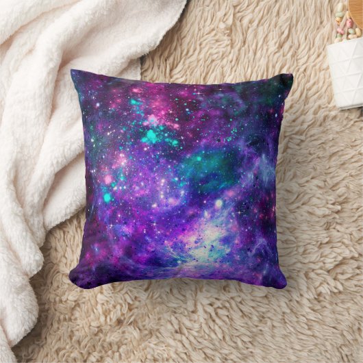 パープル宇宙銀河系コズミックスペーシーティール(緑がかった色)ピンクスカイ クッション (ブランケット)