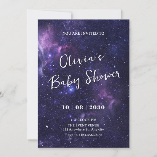 パープル宇宙銀河系ベビーシャワー 招待状 (正面)