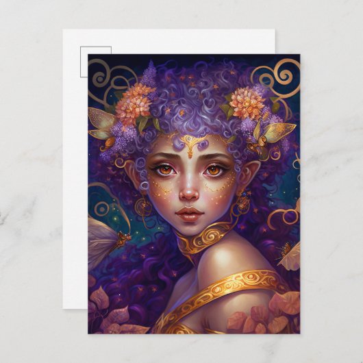 パープル小妖精や小人フェアリーファンタジーアート ポストカード (正面/裏面)