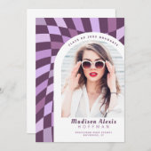 パープル市松模様にアーチフォトレトロ卒業 案内状 (正面/裏面)