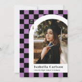 パープル市松模様にアーチ写真卒業発表 案内状 (正面)