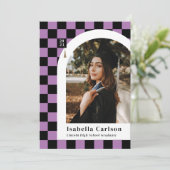 パープル市松模様にアーチ写真卒業発表 案内状 (スタンド正面)