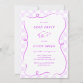 パープル市松模様にススクイグルフレーム卒業 招待状 (正面)