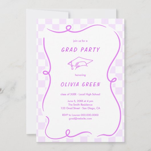 パープル市松模様にススクイグルフレーム卒業 招待状 (正面)