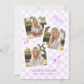 パープル市松模様にススクイグルフレーム卒業 招待状 (裏面)